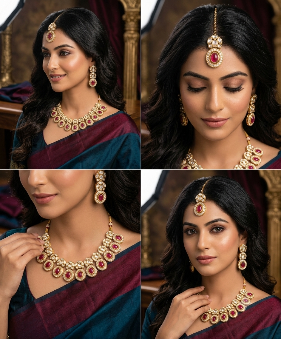 Royal & Kundan Bridal Jewelry Set - Choker Necklace, Earrings & Maang Tikka