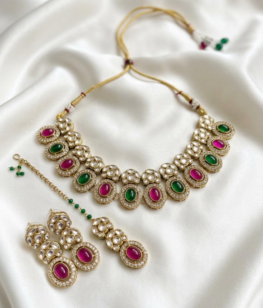 Royal & Kundan Bridal Jewelry Set - Choker Necklace, Earrings & Maang Tikka