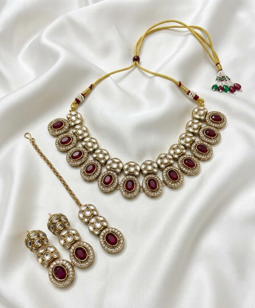 Royal & Kundan Bridal Jewelry Set - Choker Necklace, Earrings & Maang Tikka